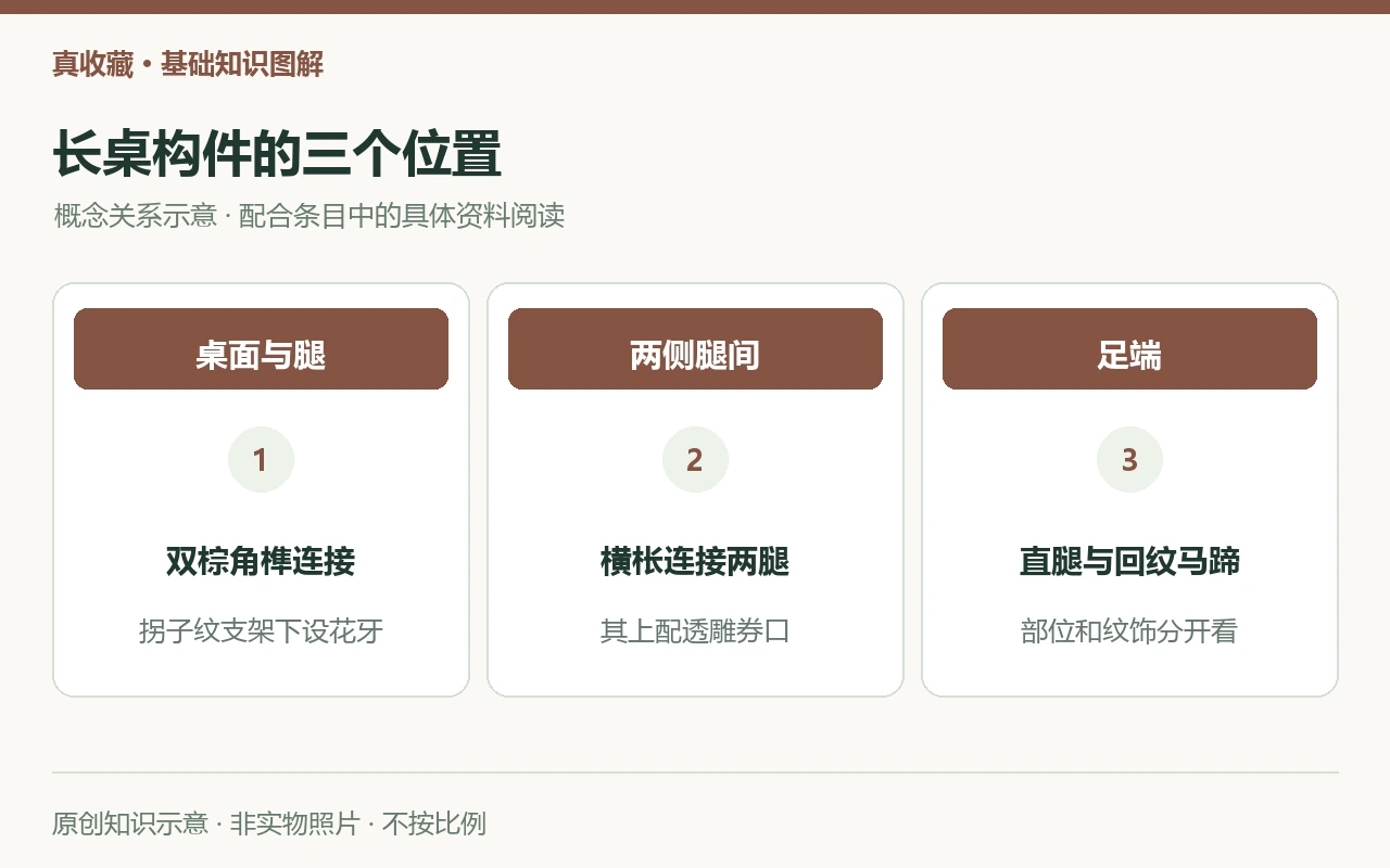 紫檀木长桌结构关系示意:桌面与腿用双棕角榫,支架下设小花牙,侧面为横枨和券口,足端为回纹马蹄。非实物照片,不按比例。