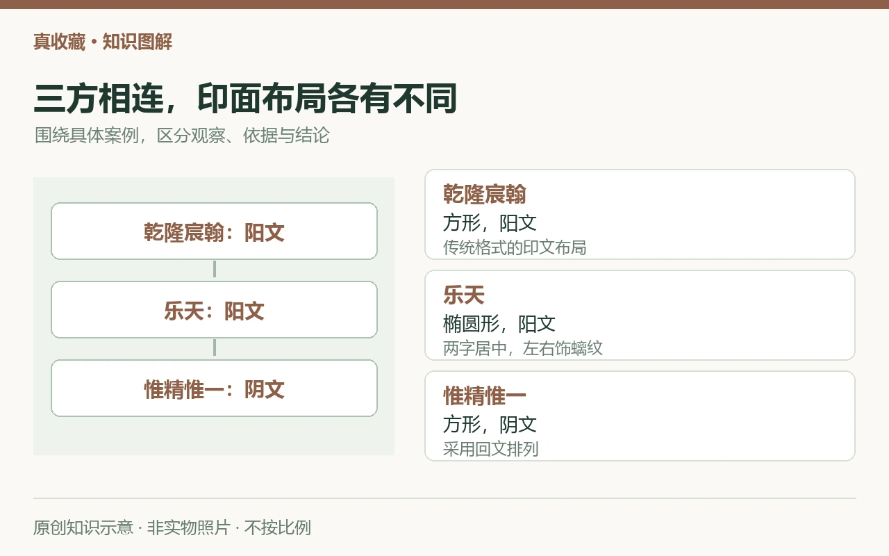 三方相连,印面布局各有不同:乾隆宸翰,方形,阳文,传统格式的印文布局;乐天,椭圆形,阳文,两字居中,左右饰螭纹;惟精惟一,方形,阴文,采用回文排列。原创示意,非实物照片。