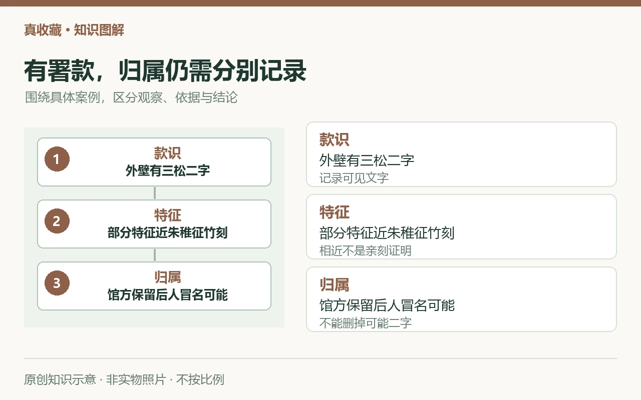 有署款,归属仍需分别记录:款识,外壁有三松二字,记录可见文字;特征,部分特征近朱稚征竹刻,相近不是亲刻证明;归属,馆方保留后人冒名可能,不能删掉可能二字。原创示意,非实物照片。