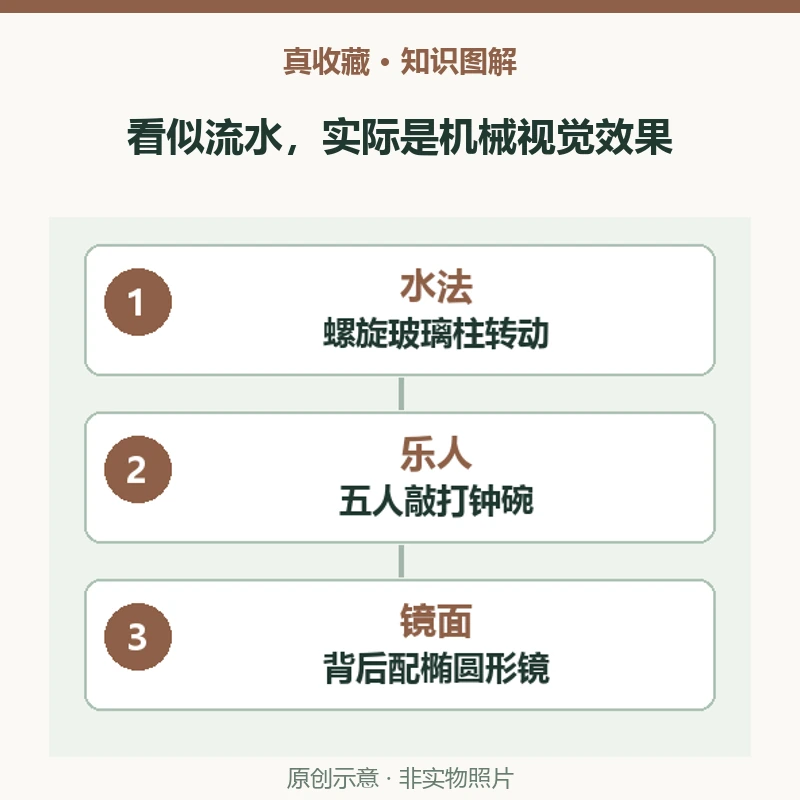 古钟表里的水法是真水吗?镜面人打钟的机械流水效果