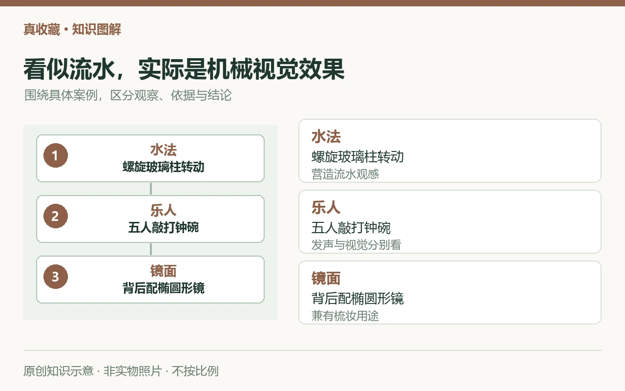看似流水,实际是机械视觉效果:水法,螺旋玻璃柱转动,营造流水观感;乐人,五人敲打钟碗,发声与视觉分别看;镜面,背后配椭圆形镜,兼有梳妆用途。原创示意,非实物照片。