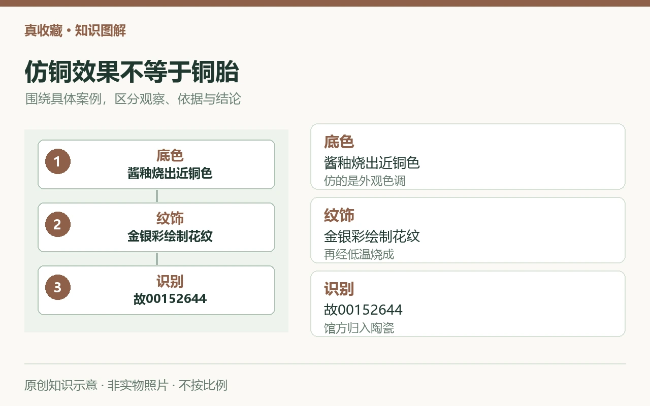 仿铜效果不等于铜胎:底色,酱釉烧出近铜色,仿的是外观色调;纹饰,金银彩绘制花纹,再经低温烧成;识别,故00152644,馆方归入陶瓷。原创示意,非实物照片。