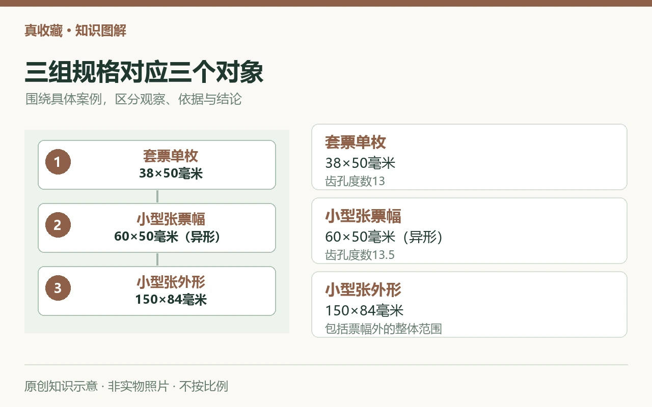 三组规格对应三个对象:套票单枚,38×50毫米,齿孔度数13;小型张票幅,60×50毫米(异形),齿孔度数13.5;小型张外形,150×84毫米,包括票幅外的整体范围。原创示意,非实物照片。