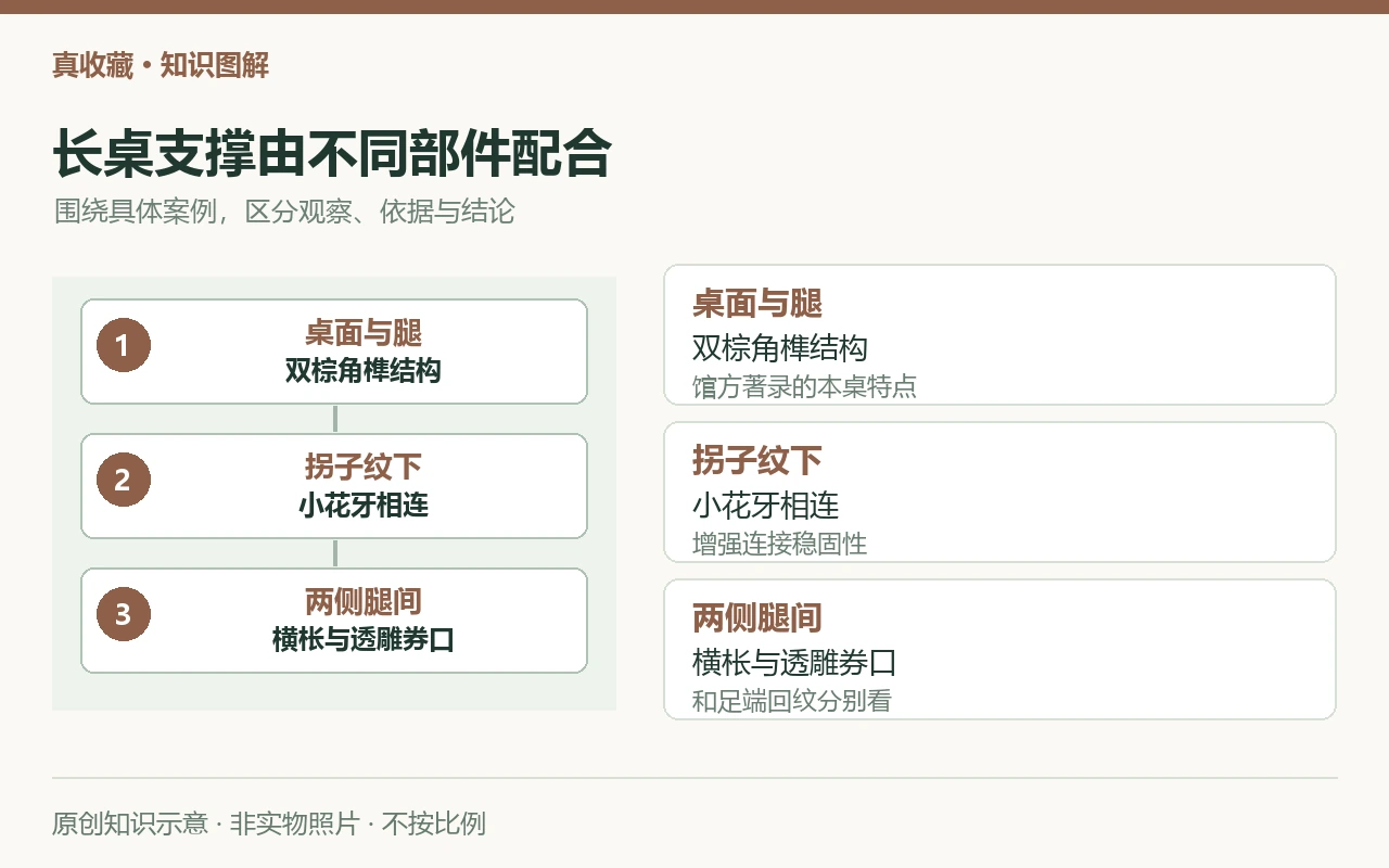 长桌支撑由不同部件配合:桌面与腿,双棕角榫结构,馆方著录的本桌特点;拐子纹下,小花牙相连,增强连接稳固性;两侧腿间,横枨与透雕券口,和足端回纹分别看。原创示意,非实物照片。