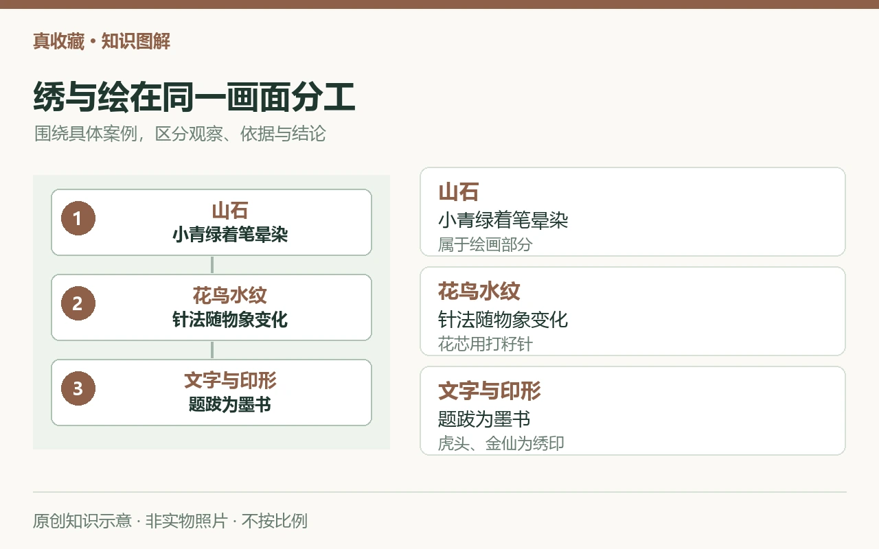 绣与绘在同一画面分工:山石,小青绿着笔晕染,属于绘画部分;花鸟水纹,针法随物象变化,花芯用打籽针;文字与印形,题跋为墨书,虎头、金仙为绣印。原创示意,非实物照片。