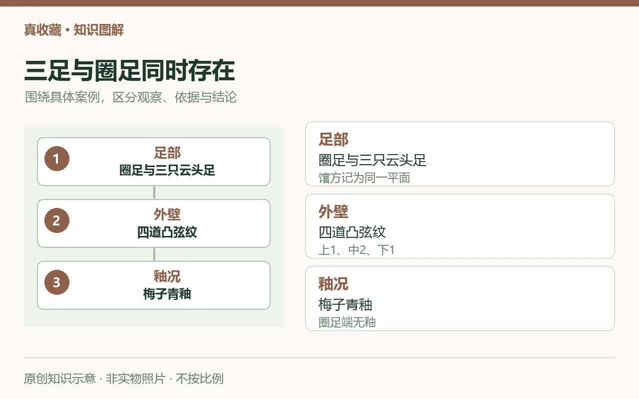 三足与圈足同时存在:足部,圈足与三只云头足,馆方记为同一平面;外壁,四道凸弦纹,上1、中2、下1;釉况,梅子青釉,圈足端无釉。原创示意,非实物照片。