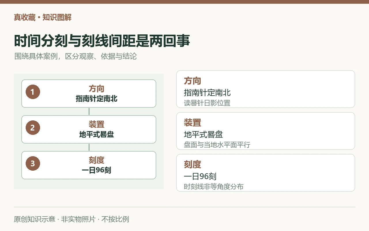 时间分刻与刻线间距是两回事:方向,指南针定南北,读晷针日影位置;装置,地平式晷盘,盘面与当地水平面平行;刻度,一日96刻,时刻线非等角度分布。原创示意,非实物照片。