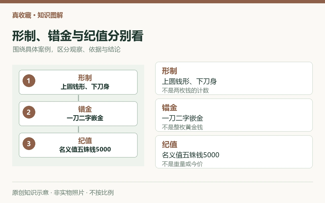 形制、错金与纪值分别看:形制,上圆钱形、下刀身,不是两枚钱的计数;错金,一刀二字嵌金,不是整枚黄金钱;纪值,名义值五铢钱5000,不是重量或今价。原创示意,非实物照片。