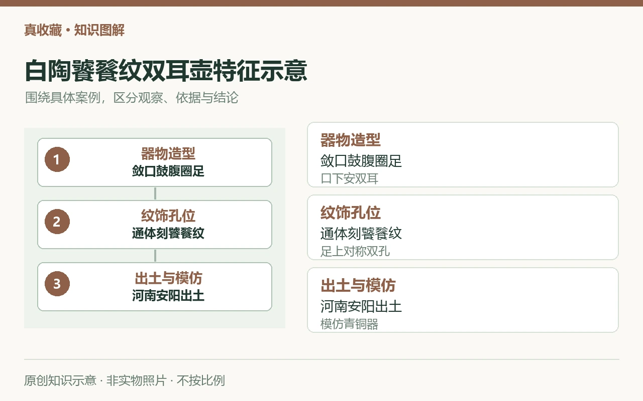 白陶饕餮纹双耳壶特征示意:器物造型,敛口鼓腹圈足,口下安双耳;纹饰孔位,通体刻饕餮纹,足上对称双孔;出土与模仿,河南安阳出土,模仿青铜器。原创示意,非实物照片。