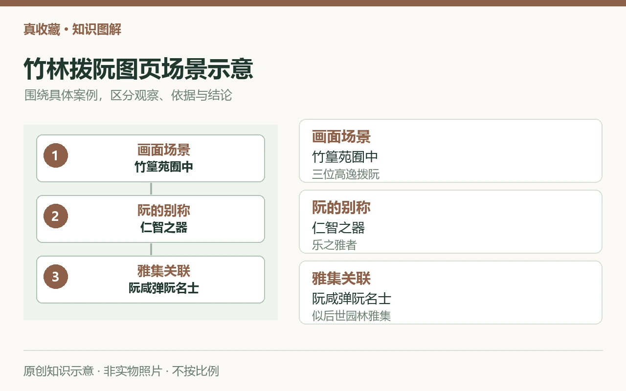竹林拨阮图页场景示意:画面场景,竹篁苑囿中,三位高逸拨阮;阮的别称,仁智之器,乐之雅者;雅集关联,阮咸弹阮名士,似后世园林雅集。原创示意,非实物照片。