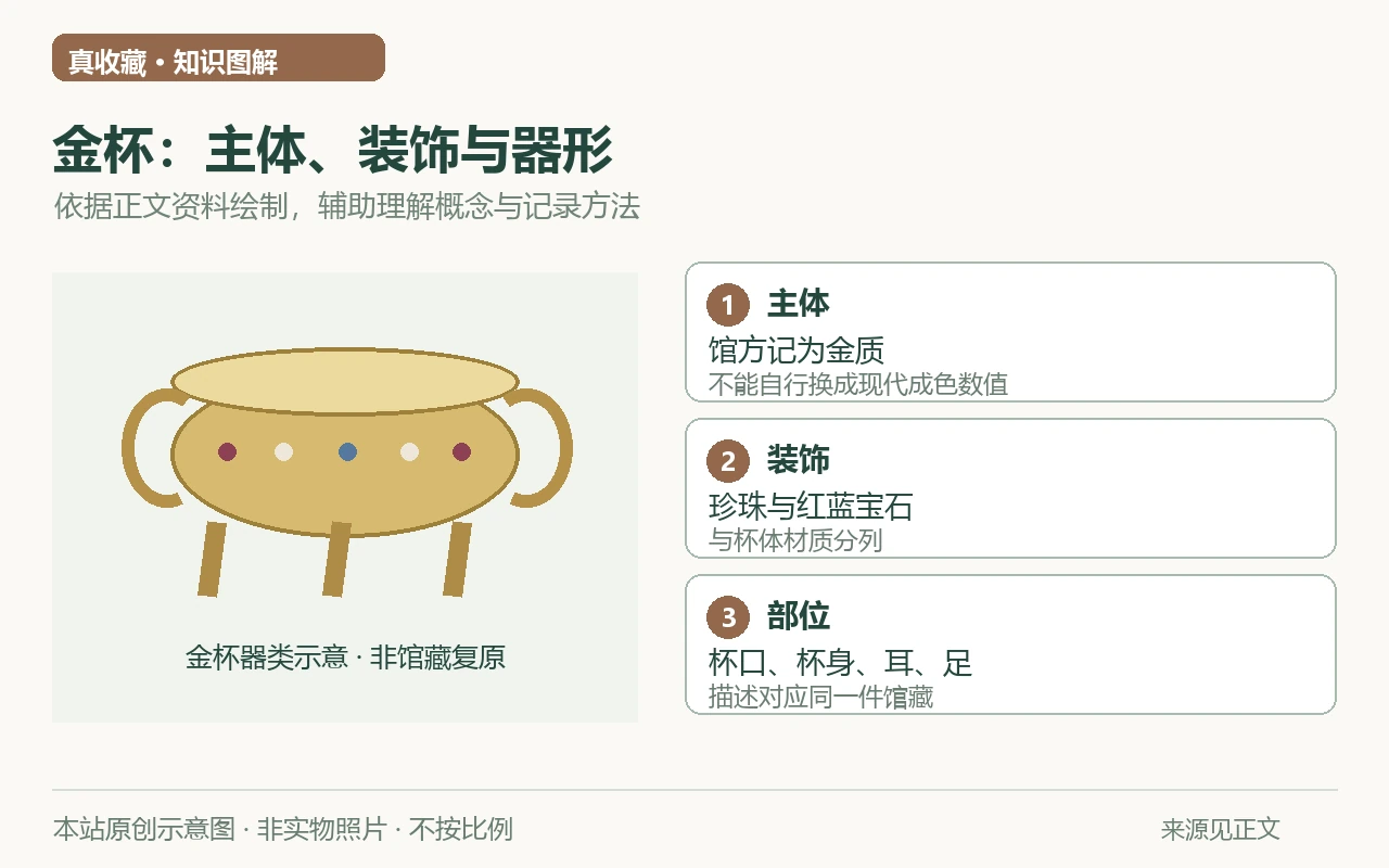 金杯:主体、装饰与器形示意图:主体,馆方记为金质,不能自行换成现代成色数值;装饰,珍珠与红蓝宝石,与杯体材质分列;部位,杯口、杯身、耳、足,描述对应同一件馆藏。非实物照片。
