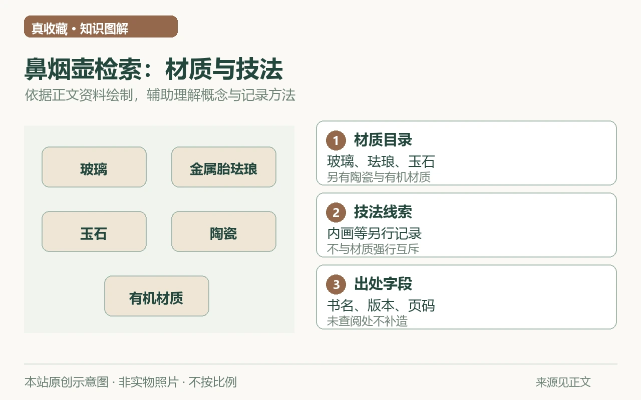 鼻烟壶检索:材质与技法示意图:材质目录,玻璃、珐琅、玉石,另有陶瓷与有机材质;技法线索,内画等另行记录,不与材质强行互斥;出处字段,书名、版本、页码,未查阅处不补造。非实物照片。